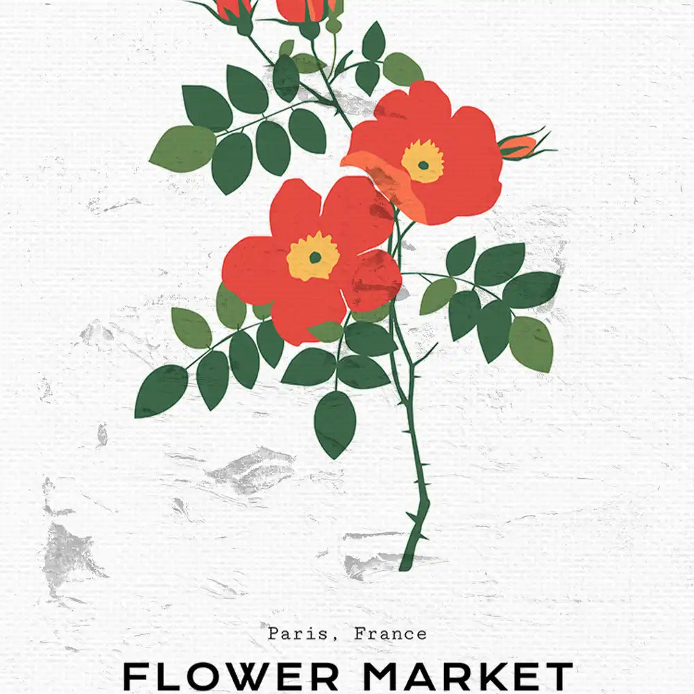 Modern art poster of red flowers with green leaves, titled "Flower Market," featuring a minimalist design inspired by Paris, France.