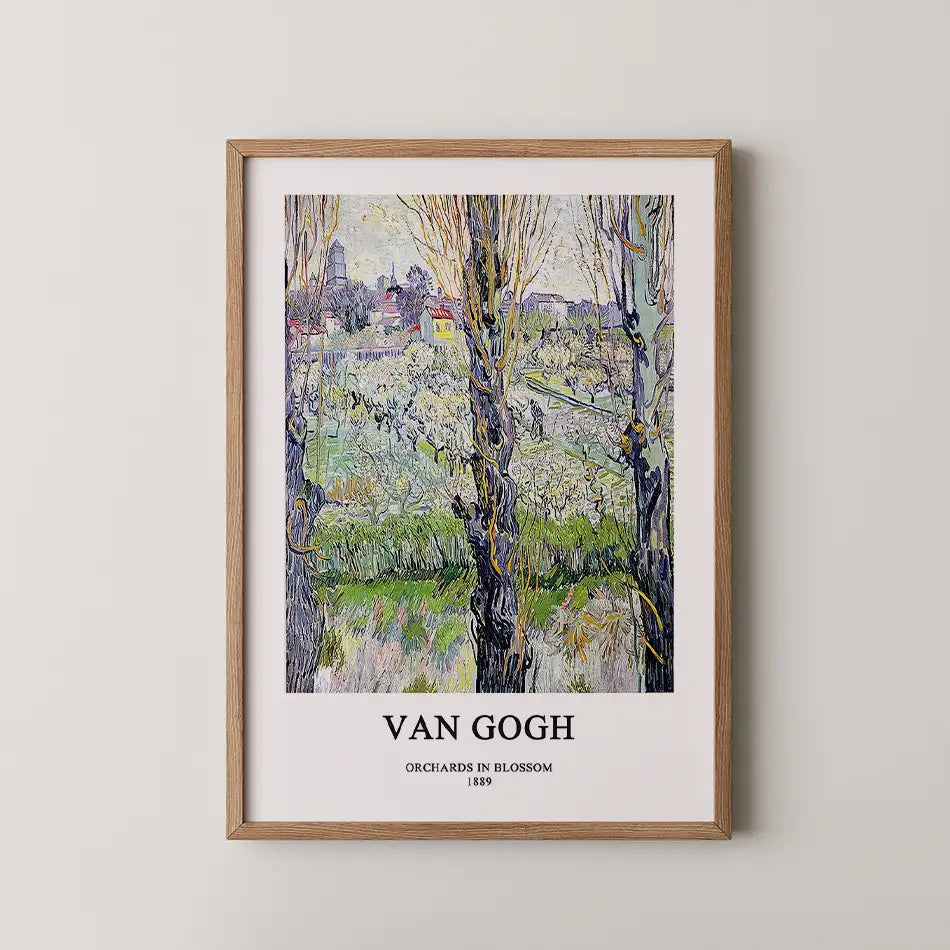 Framed poster of Vincent van Gogh's painting "Orchards in Blossom" from 1889, featuring blossoming trees and a colorful landscape.