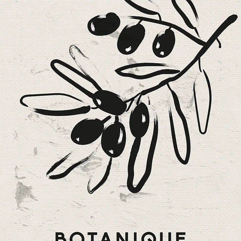 Modern botanical poster featuring abstract black olive branch illustration on a textured beige background, perfect for home decor.