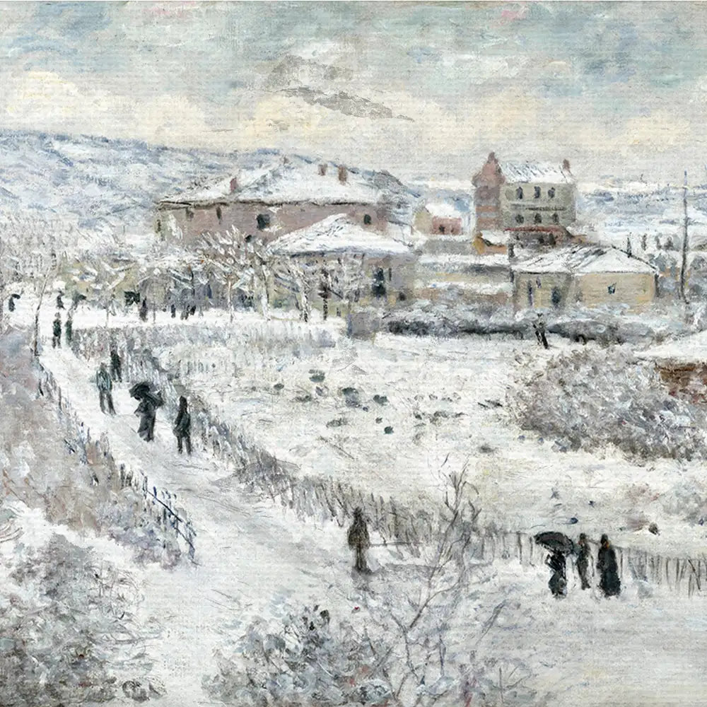 Painting of a snowy landscape featuring houses and figures walking along a path in winter.