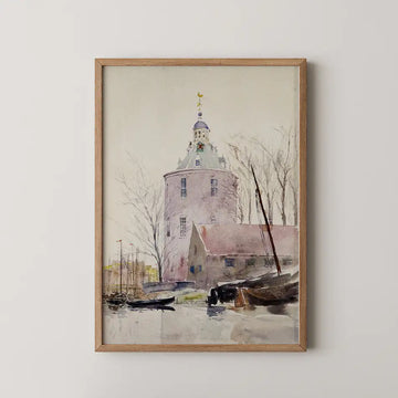 Watercolor painting of a round building with a green dome, surrounded by bare trees and boats on a calm waterway, framed in natural wood.