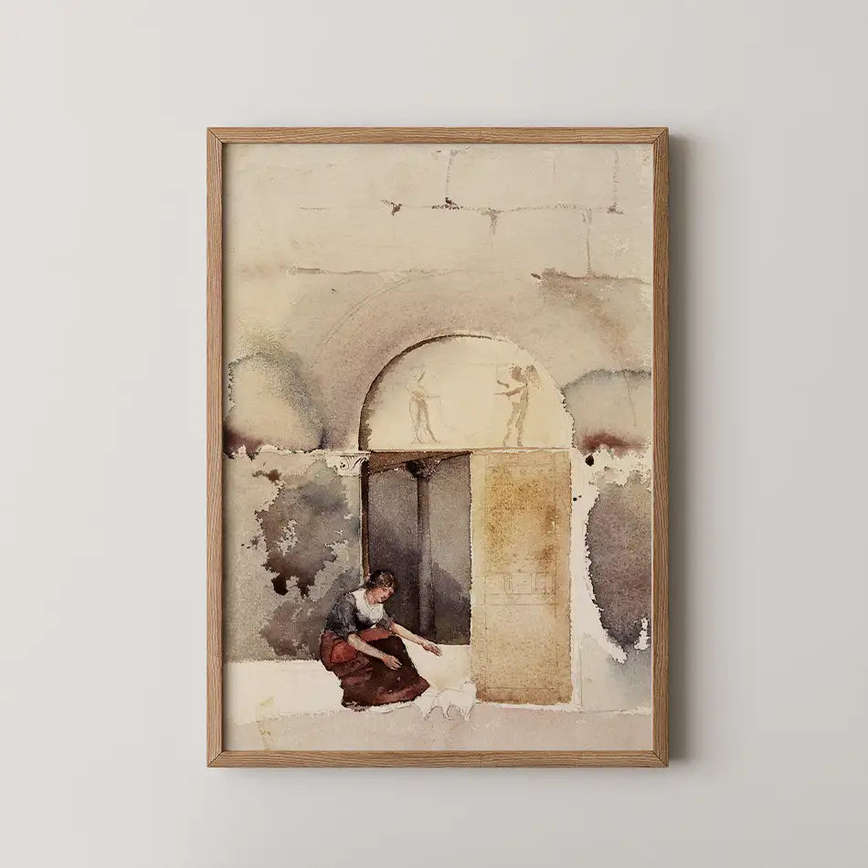 A framed watercolor painting depicting a woman with a cat in a classical architectural setting.