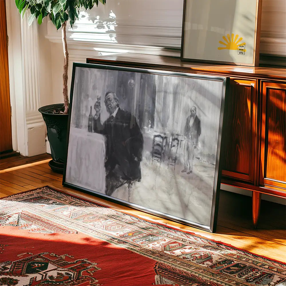 Framed black and white painting depicting a man holding a glass, with another figure in the background, set in a bright room with wooden furniture and a decorative rug.