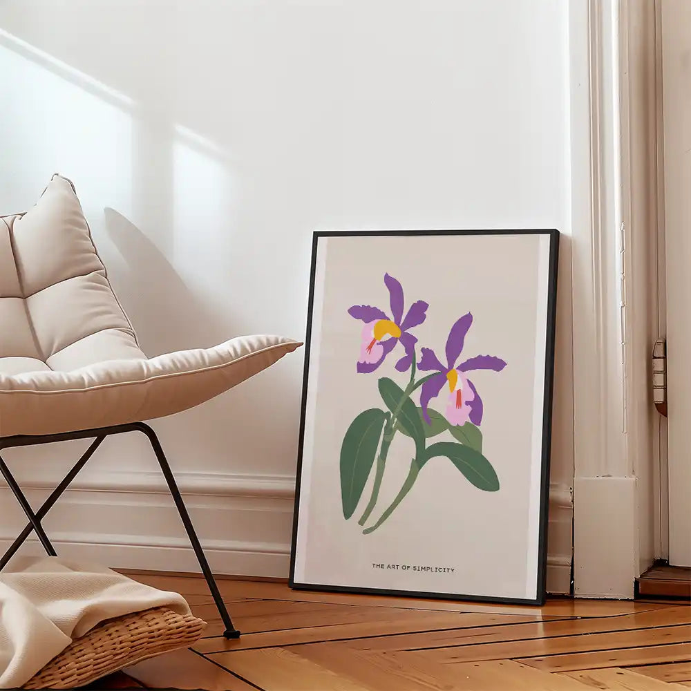 Modern reprint of a famous painting featuring vibrant purple orchids, framed and displayed in a stylish living space, highlighting the art of simplicity.