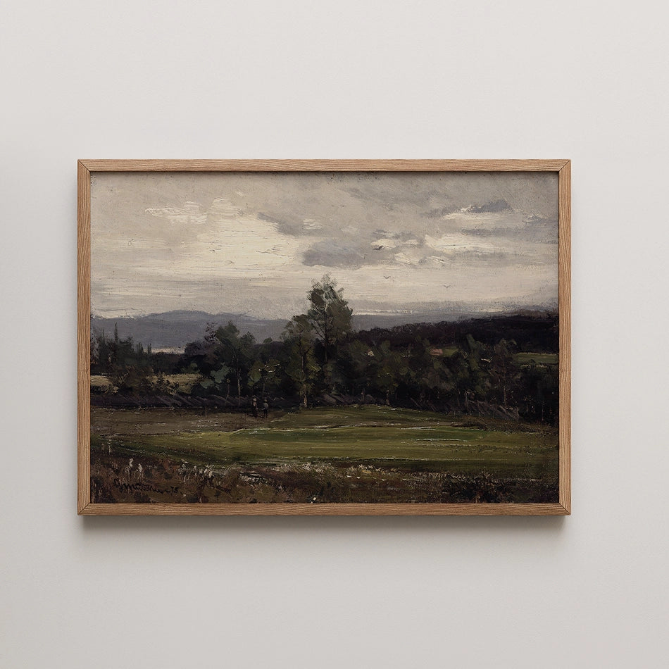 Landscape painting of a serene countryside scene with lush green fields and trees under a cloudy sky, framed in a light wood frame.