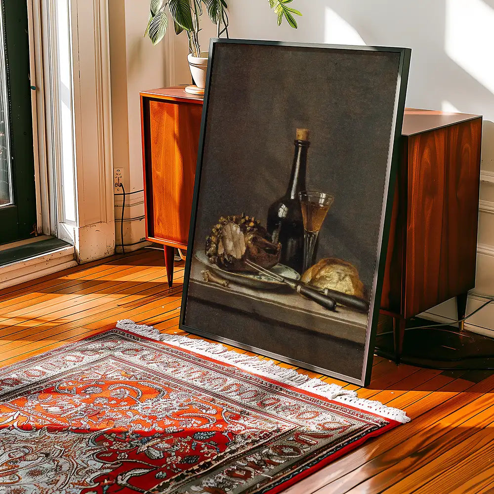 Painting of a still life featuring bottles, a glass, bread, and a plate with food, displayed on an easel in a sunlit room with hardwood floors and a decorative rug.