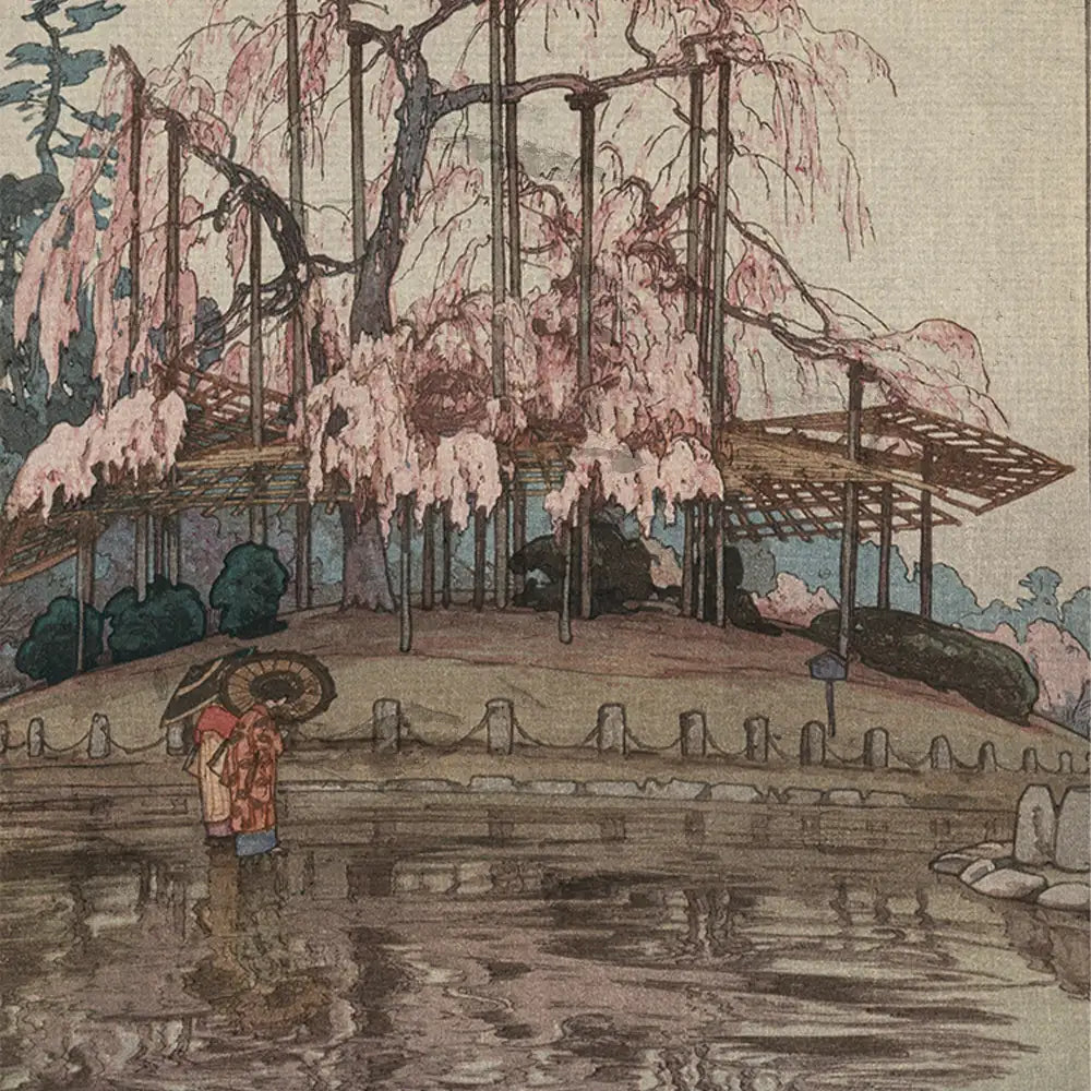 A serene landscape painting featuring two figures in traditional clothing holding umbrellas, standing by a reflective body of water with cherry blossom trees in bloom and a wooden structure in the background.