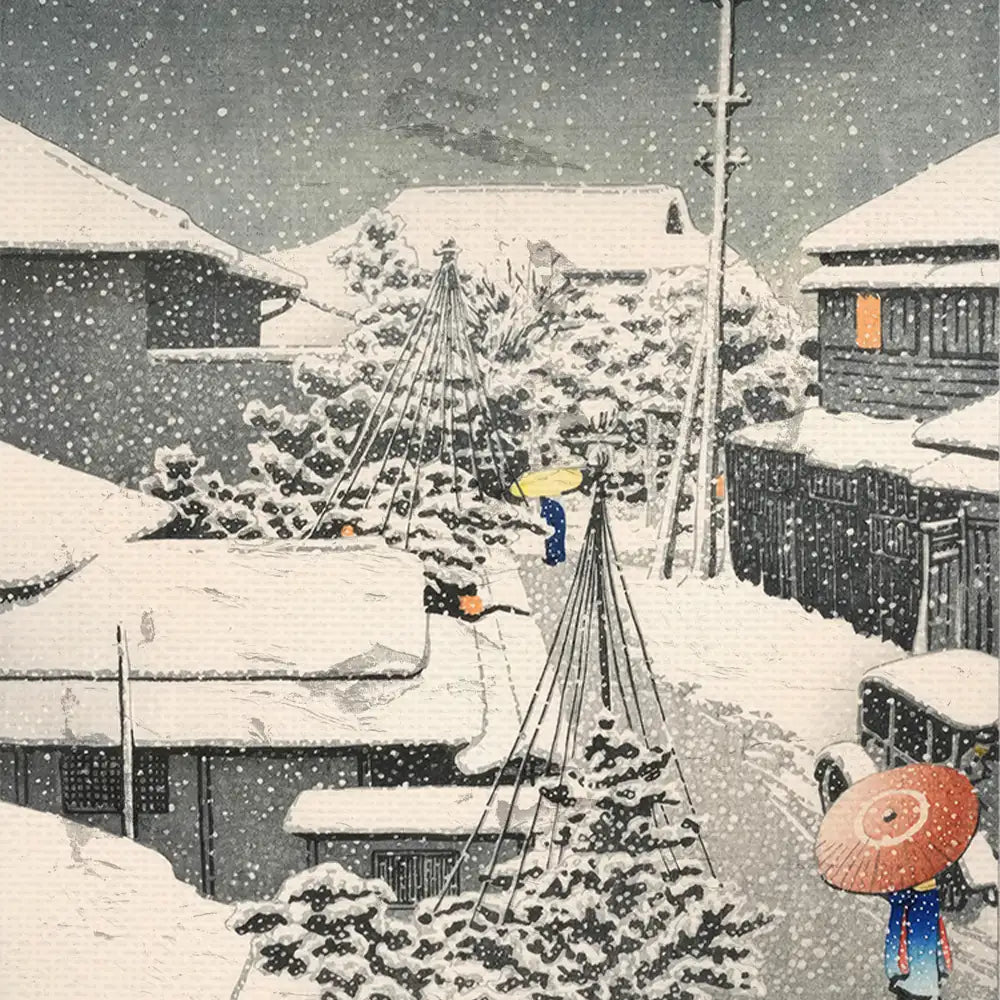 Traditional Japanese winter scene painting with snow-covered houses, trees, and figures carrying umbrellas.