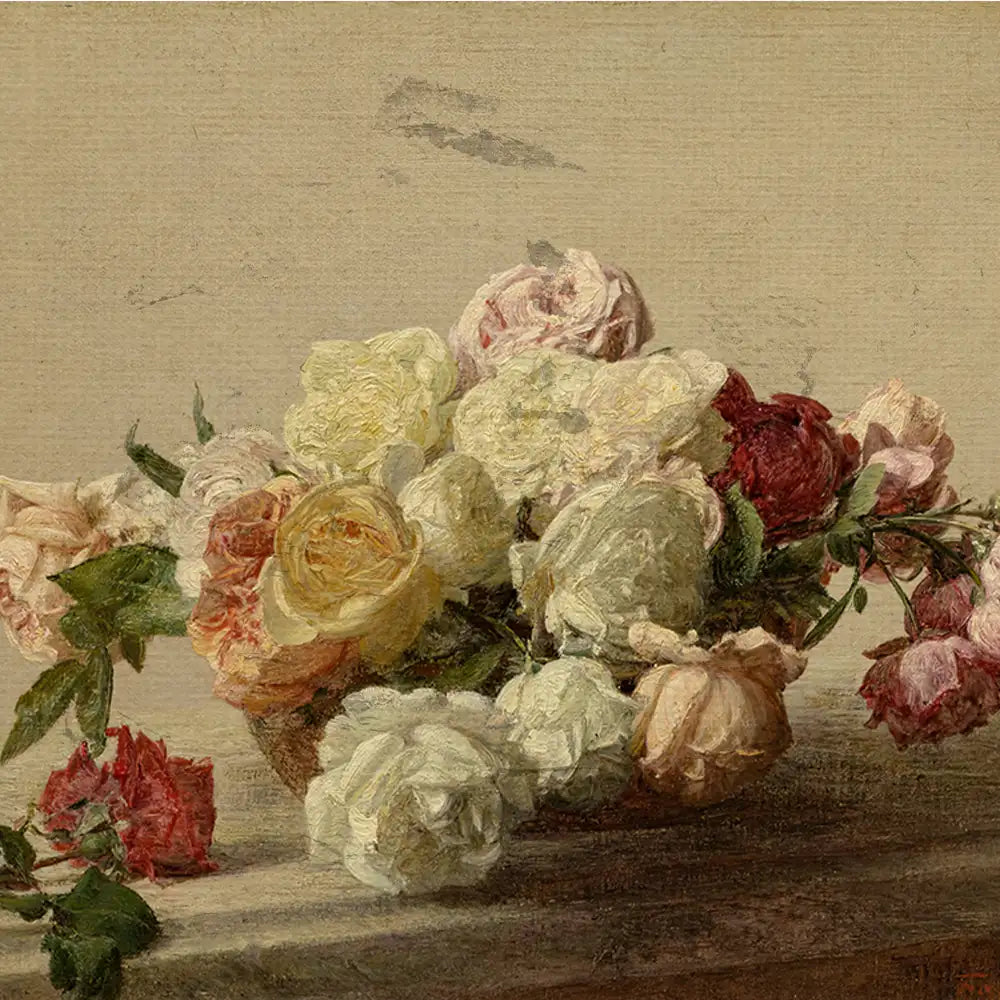 A textured painting of a bouquet of various colored roses in a rustic vase, placed on a wooden surface against a neutral background.