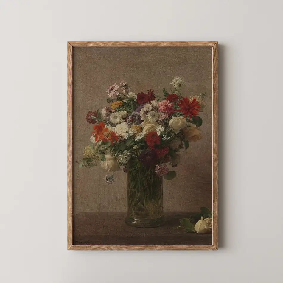 Framed painting of a vibrant bouquet of assorted flowers in a glass vase, set against a textured neutral background.