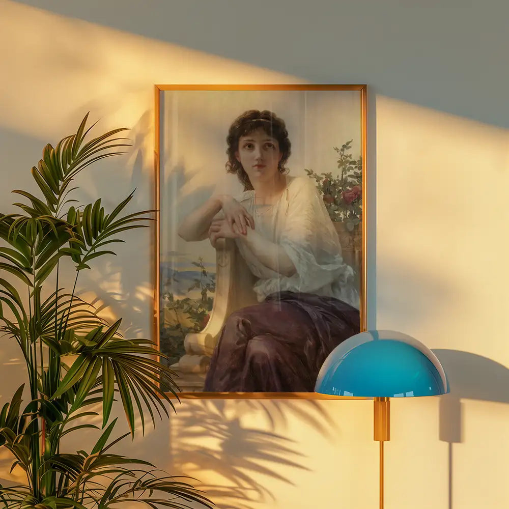 Painting of a woman in a white dress sitting on a pedestal, framed and displayed on a wall with a modern lamp and plants in the foreground.