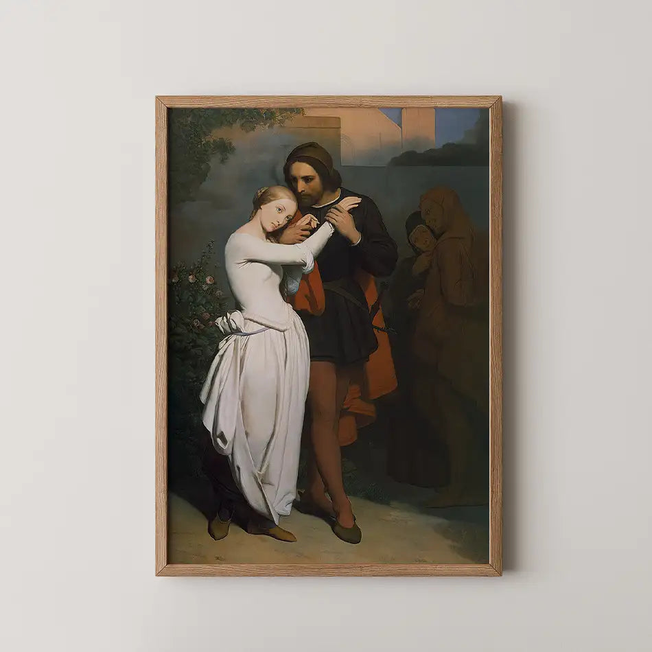 Framed painting of a couple embracing, with a backdrop featuring muted figures and a garden scene.