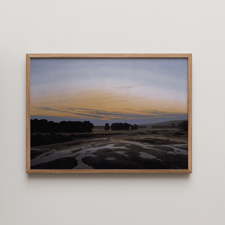 Landscape painting framed in wood, depicting a serene scene at dusk with a colorful sky and reflections in water.